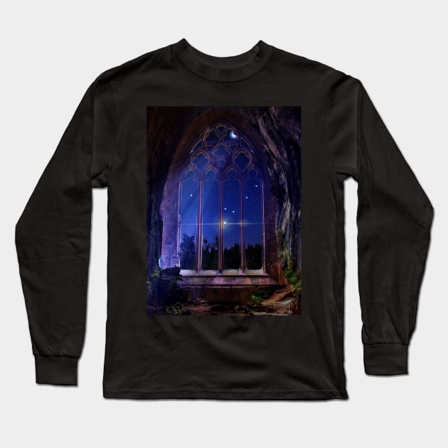 Surreal Gothic Cathedral Cave in Moonlight Long Sleeve T-Shirt by Aurora X